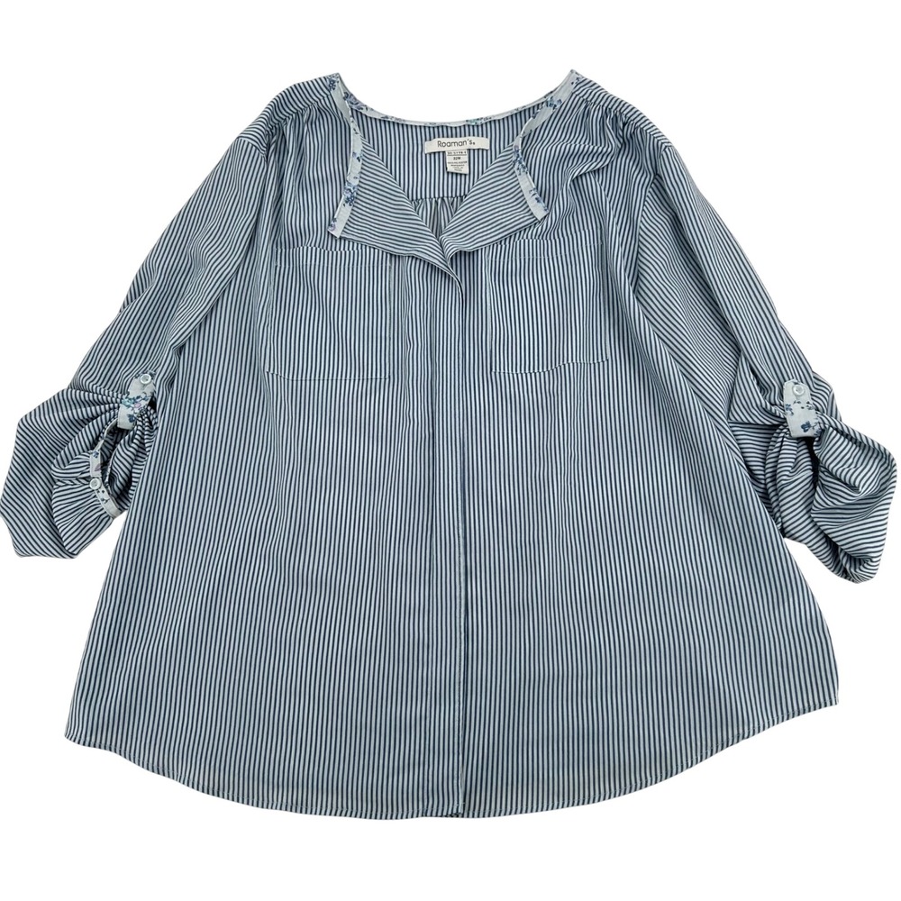 Roaman's Striped Blouse Womens 22W Blue White Roll Tab Sleeve Coastal Tunic